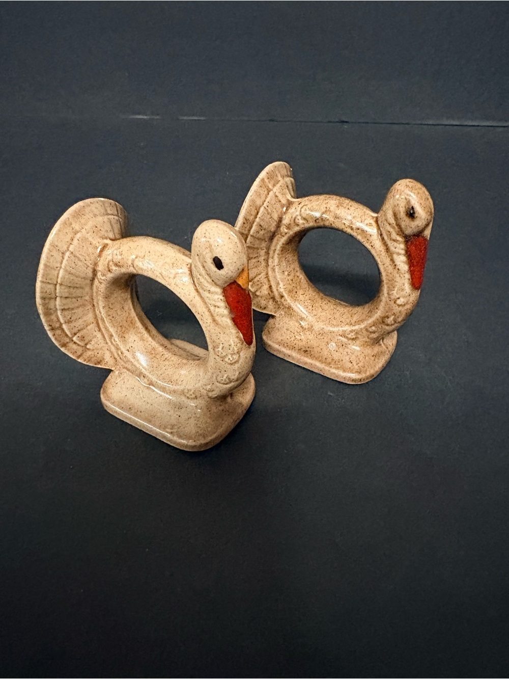 Ceramic Turkey Napkin Rings - Beige with Orange Beak, set of 2.